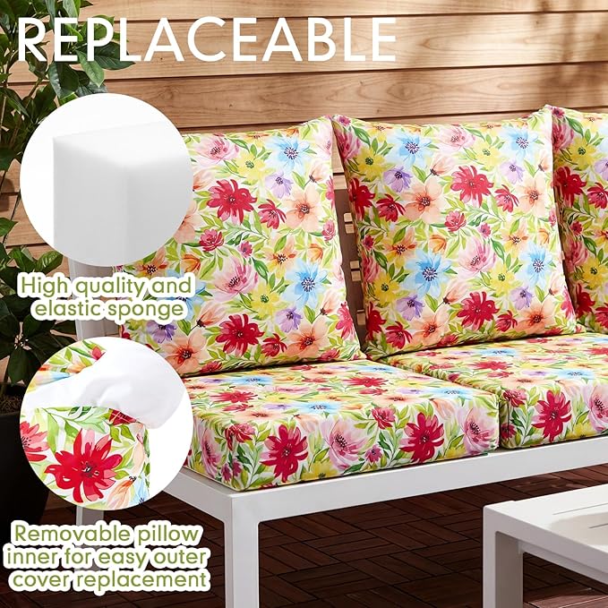 Hoteam 4 Set Outdoor Chair Patio Cushions Deep Seat Waterproof Chair Cushions 20 x 20 Inch for Patio Furniture Set Replacement Removable Seat and Back(Bright Flower)