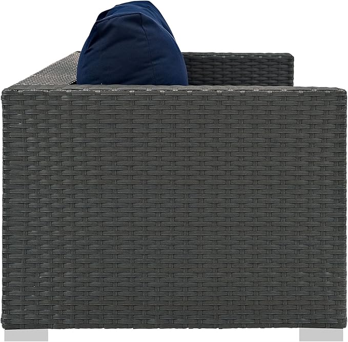 Modway Sojourn Wicker Rattan Outdoor Patio Sunbrella Fabric Sofa in Canvas Navy