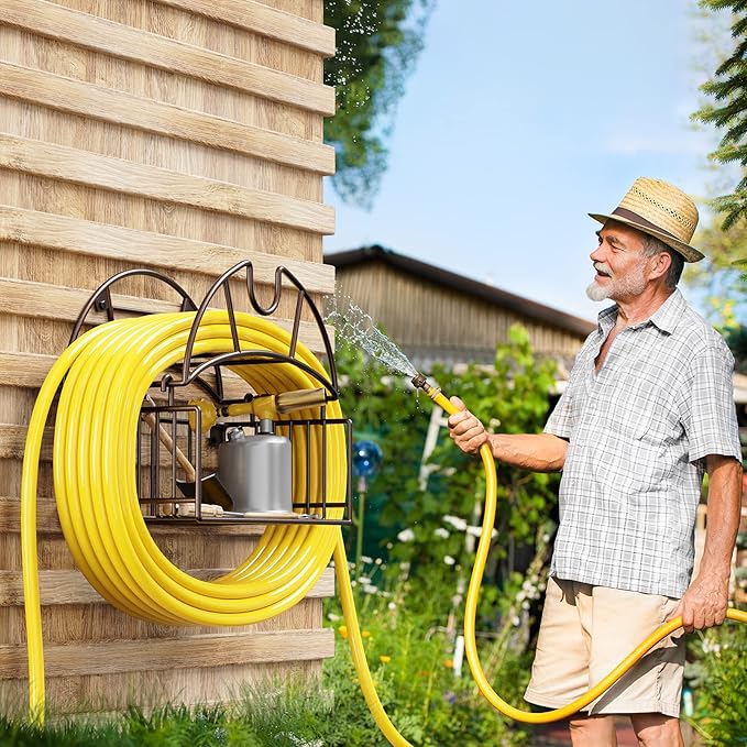 Hose Reel Garden Hose Holder,Water Hose Holder Wall Mount,Heavy Duty Metal Hose Hanger with Tool Storage Basket,Outdoor Hose Stands for Outside Garden Yard Garage