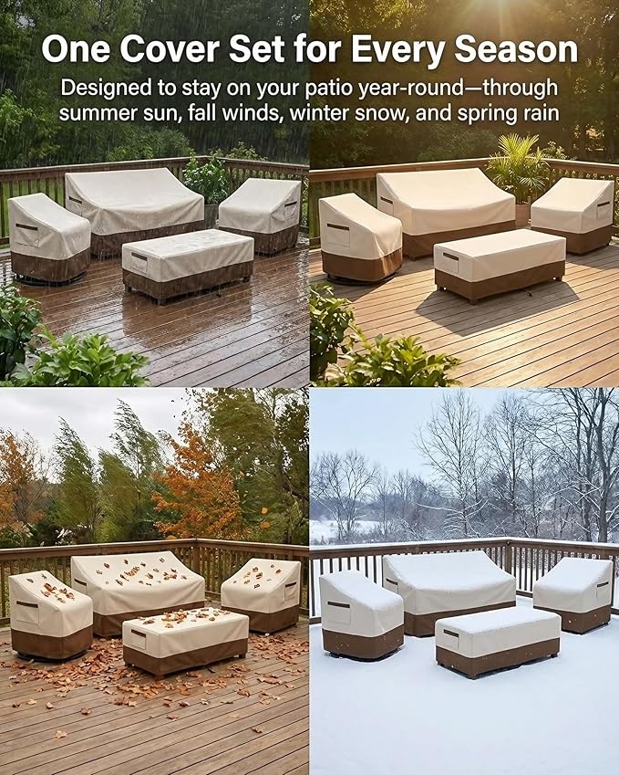 4-Piece Patio Furniture Cover Set, Waterproof Outdoor Furniture Covers for Loveseat, Patio Chairs & Coffee Table, Heavy-Duty 600D, Fade & UV-Resistant, Breathable, All-Season Protection, Beige&Brown