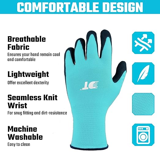 DT 6 Pairs Garden Gloves, Work Gloves with Latex Coating, Pink & Blue, Medium, for Gardening, Yard Work