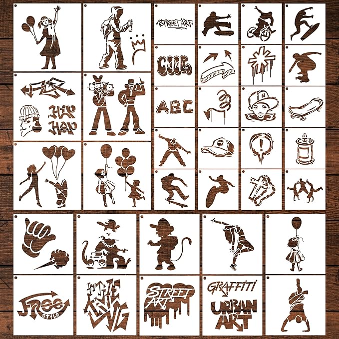 Graffiti Stencils - 36 Pcs Reusable Street Art for Painting on Wood, Wall, Canvas, Rock, Skateboard - Doodle and Spray Painting Stencils