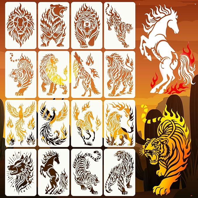 16 Pcs Lion Tiger Stencils, Reusable Large Tiger Dragon Wolf Bear Templates for Painting on Wood Floor Wall Rock Furniture Canvas Fabric DIY Craft Home Decor