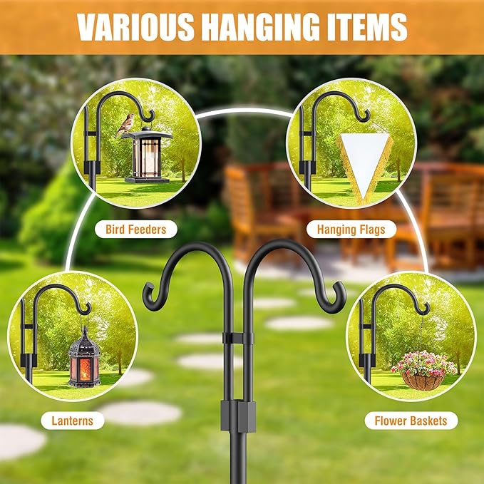 Relx Bird Feeder Pole - Adjustable Double Shepherds Hooks for Bird Feeder with 5 Prong Base - 76 Inch Heavy Duty Shepherds Hooks for Outdoor for Outside for Hanging Garden Plant,Solar Light Lanterns