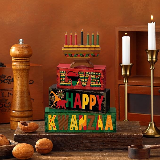 4 Pcs Kwanzaa Table Decorations Wooden Candlestick Sign Wood Block Tabletop Centerpiece Happy Kwanzaa Tiered Tray Table Toppers for Farmhouse Home Office Desk Decor Holiday Party Supplies
