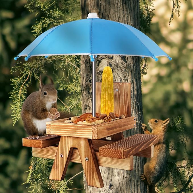 Gnodary Squirrel Feeder with Umbrella, Squirrel Feeders for Outside, Squirrel Picnic Table Feeder - Chipmunk Feeder Hold Corn, Corn Cob, Peanuts (Light-Blue)