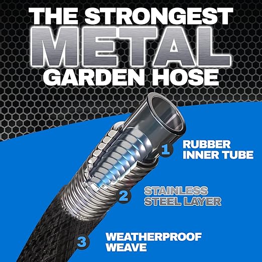 Hydrosteel 50 Ft Garden Hose, 304 Stainless Steel Metal Water Hose 50Ft, Ultra Durable Flexible Lightweight Crush Resistant Fittings Kink & Tangle Free 5/8” Inner Diameter, 500 PSI AS SEEN ON TV
