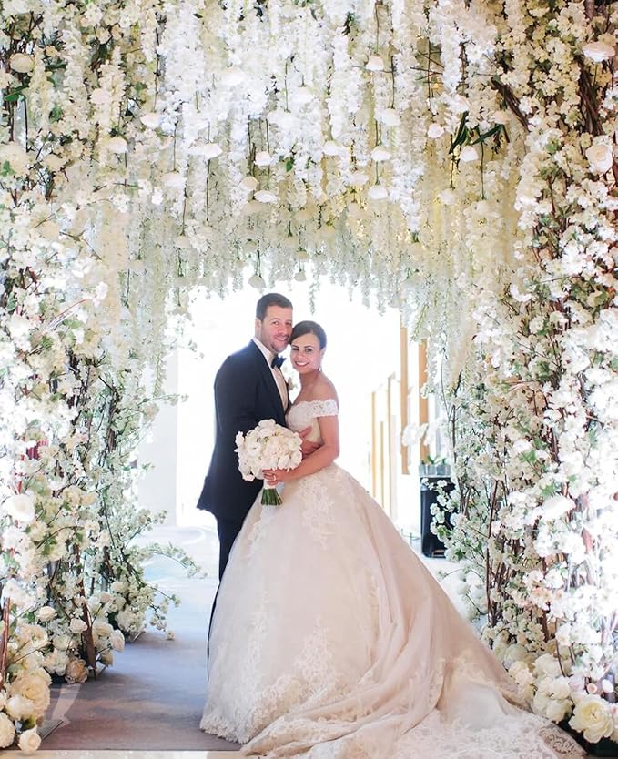 108Pcs Artificial Wisteria Flowers 3.6 Feet/Piece White Dense Artificial Fake Wisteria Vine Ratta Hanging Garland Silk Flowers String Home Party Wedding Decor(White-Dense)