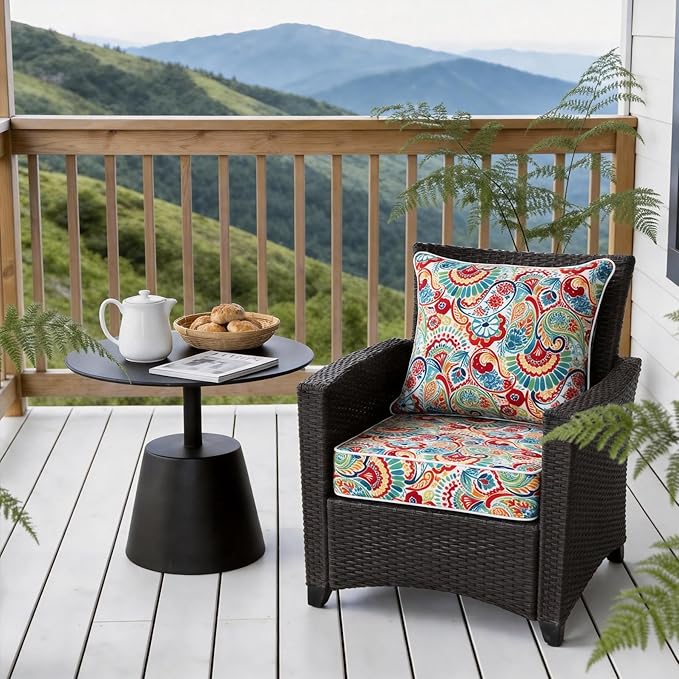 COZYVIDA Outdoor Deep Seat Cushion Set of 2, 24"x24" Seat & 25"x22.5" Back, C0 Water-Resistant Breathable Polyester, UV-Resistant 1000+ Hrs, 30D Foam,YKK Zippers,Boho Paisley