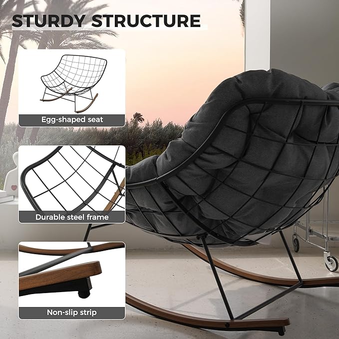 Grand patio Outdoor Rocking Chair with 2 Cushions, E-Coated Modern Cozy Lounge Rocker Chair with Cushion for Balcony Porch Patio, Gray & Houndstooth