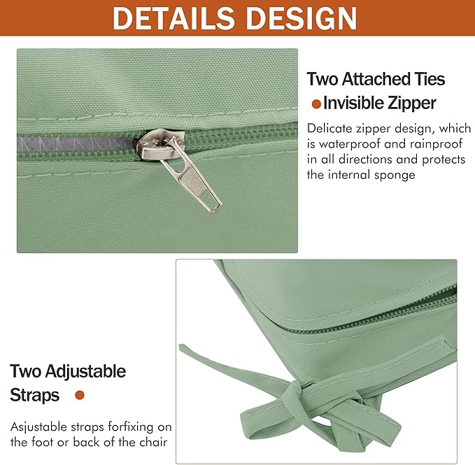 4 Pack Outdoor Chair Cushions 19 x 19 Inch Waterproof Patio Chair Cushions with Tie 5 Year Color Fastness Thick Outdoor Seat Cushion for Garden Lawn Patio Furniture Sage Green