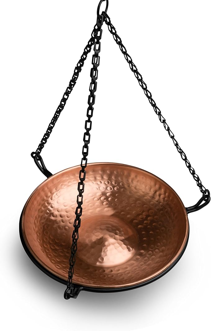 Monarch Abode Hanging Bird Bath & Bird Feeder for Outdoors – Pure Copper Hand Hammered Birds Bath Bowl w/ 17-inch Detachable Iron Chain, Birdfeeder and Birdbath for Outdoors Garden Backyard