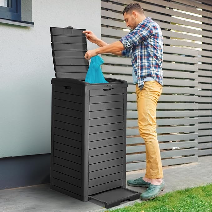 DWVO 38 Gallon Outdoor Trash Can with Lid & Drip Tray, Waterproof Hideaway Garbage Bin, Waste Container for Patio, Backyard, Deck, Garden, Easy Assembly & Clean (Black)