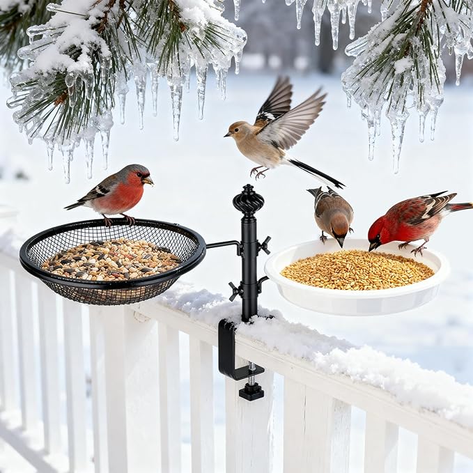 Deck Bird Feeders with Metal Tray and Water Bowl, BOLITE Balcony Bird Feeders Detachable Adjustable Heavy Duty Clamp Bracket, Attracting Birds, Black, Gifts for Women Men