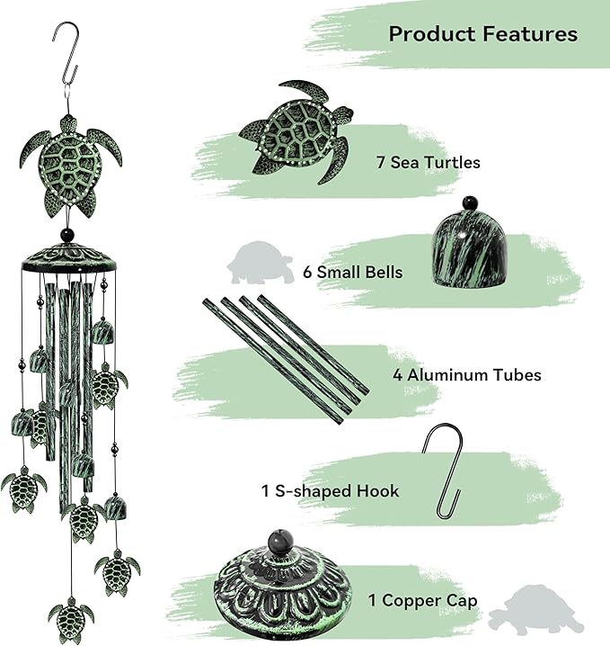 35" Turtle Wind Chimes for Outside, Turtle Wind Chimes Gifts for Mother's Day, Garden Decor for Outdoor Porch Patio Home Yard Decorations ﻿