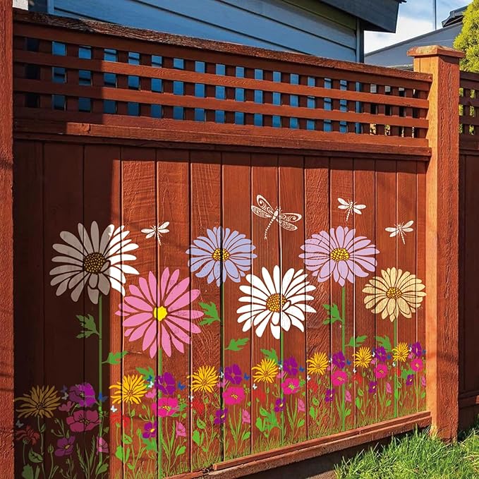 Large Fence Flower Stencils for Painting on Wood Jumbo Sunflower Floral Butterfly Fence Stencils for Outdoors Garden Walls Lace Crafts Reusable Home Canvas Furniture Paper (fence8)
