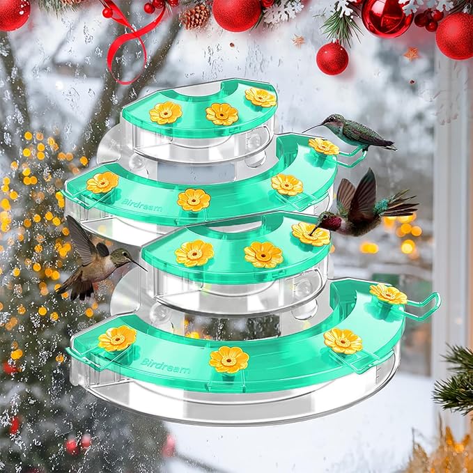 Birdream Window Hummingbird Feeders for Outdoors, with Strong Suction Cups & 7 Feeding Ports, Easy to Use and Maintain, Gift for Bird Lover, Plastic Bird Feeder, 2 Pack, 10oz Per Pack - Green