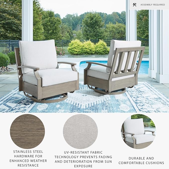 Signature Design by Ashley Rainier Ranch Contemporary Nuvella Weather Resistant Fabric Outdoor High Back Swivel Glider Chair with Cushion, Light Brown & Beige