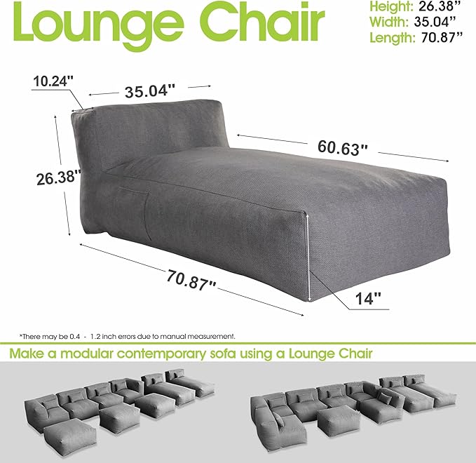 Outdoor Bean Bed Chair Sun Lounger, Outdoor Couch Sofa for Patio & Pool, Foam Filling Day Bed Furniture, Comfy Lazy Sofa for Outside, Water-Resistant Seating (Charcoal Gray, 70'' L)