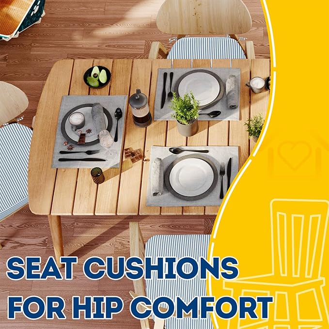 AAAAAcessories D-Shaped Chair Cushions, 2" Thick Dining Chair Pads with Ties and Removable, Machine-Washable Cover, 17" x 16", Pinstripe Blue