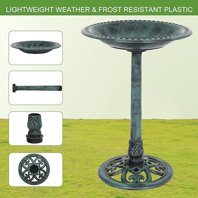 VINGLI Wild Bird Bath Green Patina Weather Resistant Resin Pedestal Birdbaths Antique Sculpture Finish Garden Decor for Outdoor Lightweight Courtyard 28 Inch…