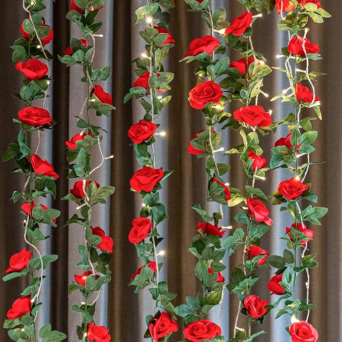 2 Pack (16FT) Artificial Rose Vine Fake Flowers Garland Hanging Silk Rose Ivy Plants Vine for Mother's Day Wedding Arch Party Garden Wall Aesthetic Art Décor (Red)