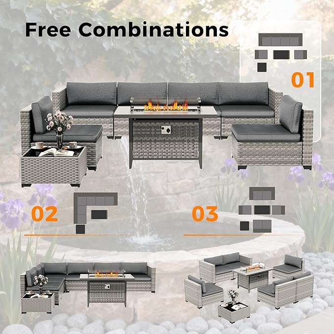 6-Seat Modern Outdoor Wicker Rattan Patio Furniture Set with 55,000 BTU Fire Pit Table, Thick 4″ Cushions, All-Weather Dual-Strand Rattan, Rust-Resistant Steel Frame,Black