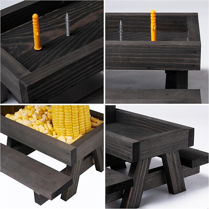 Squirrel Feeder Picnic Table, Squirrel Feeders for Outside with Umbrella and Flag, Black Wood Squirrel Feeder with Corn Cob Holder Cute Chipmunk Feeder for Yard and Porch Decoration