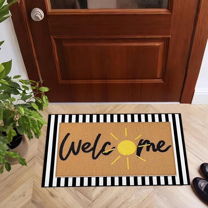 Tinideya 2 Pcs Summer Door Mat Non Slip Wildflower Coastal Hello Sunshine Sweet Home Ocean Pet Welcome Floor Doormat Buffalo Plaid Checked Stripe Mat Seasonal for Front Porch Entryway(Golden Sun)