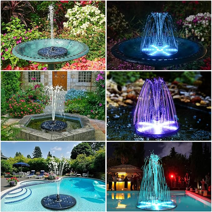 SZMP Solar Fountain with Colorful Star-Shaped Lights, 4W Bird Bath Fountain Pump with 4000 mAh Battery, 7 Nozzles & 4 Fixers, Solar Water Fountain for Garden, Pool, Pond, Outdoor(30 LEDs)