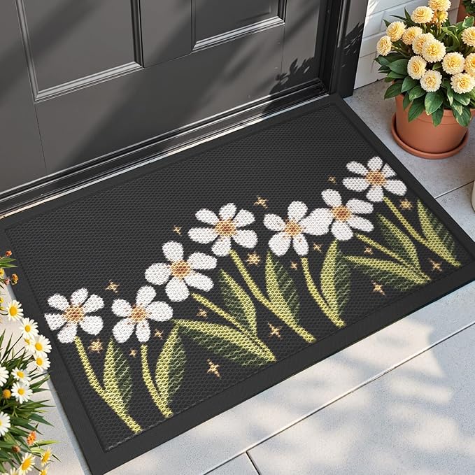 DEXI Front Door Mat Outside Entrance, Spring Entryway Doormat Dirt Trapper, Heavy Duty Non Slip Entry Mats for Patio Garage Porch Home Decorative, 24x36, Black