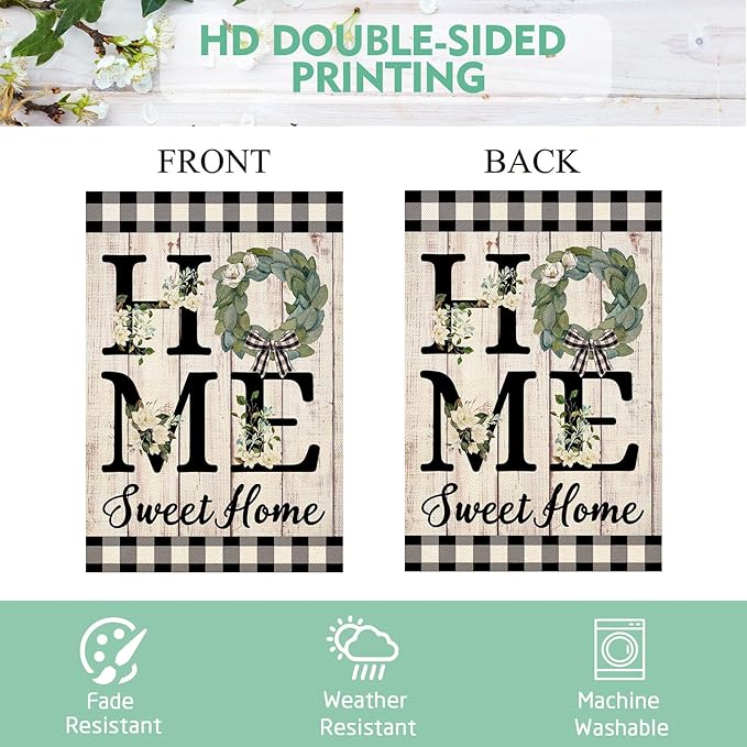 ORTIGIA Home Sweet Home Magnolia Garden Flag Double Sided 12.5x18 Inch Spring Summer Buffalo Plaid Check Small Yard Flag Burlap Vertical Farmhouse Rustic Outside Outdoor Lawn Patio Decor