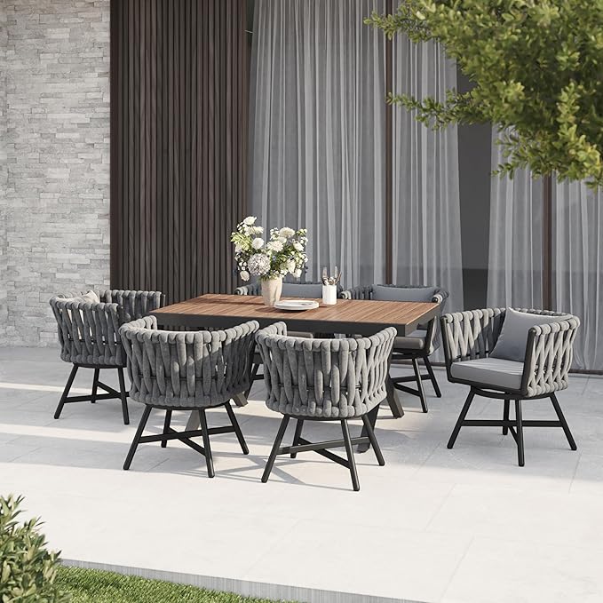 Grand patio 7-Piece Outdoor Dining Set for 6, Patio Dining Furniture Set for 6 Swivel Rope Wicker Chairs & 1 Extendable Rectangular Dining Table, Dark Grey