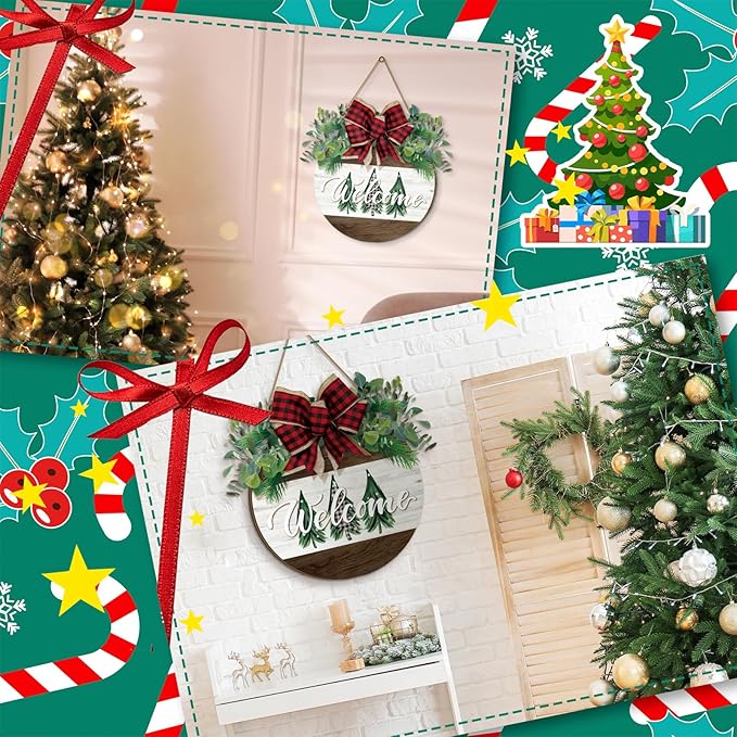 Boao Christmas Door Decorations Wooden Merry Christmas Welcome Front Door Sign Hanger with Red Buffalo Plaid Bow Xmas Wreaths for Outdoor Porch Farmhouse Decor