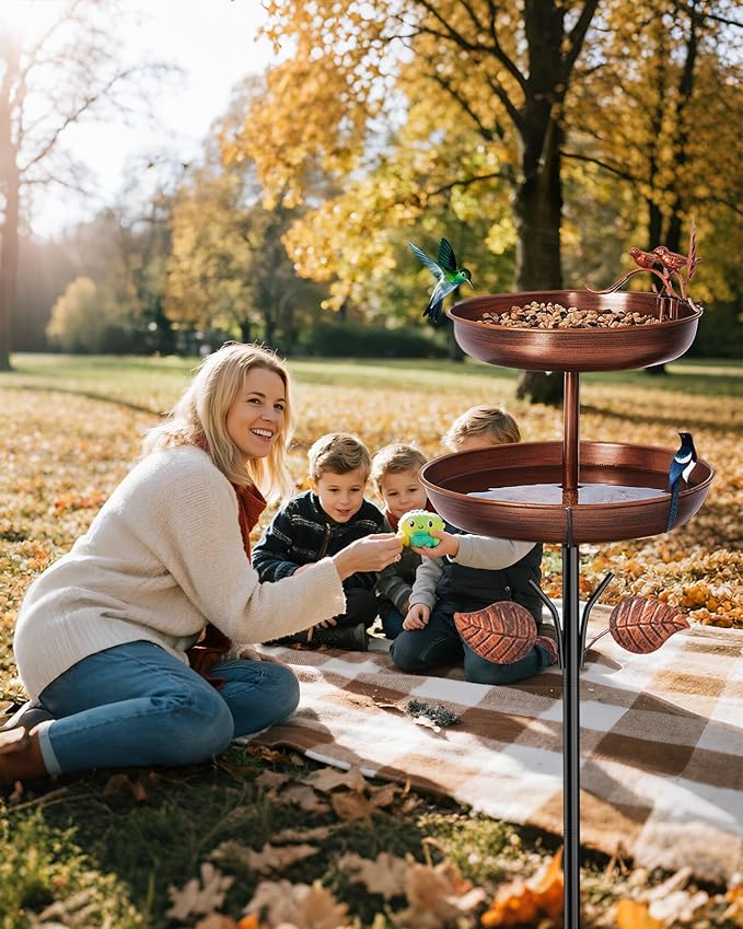 Bird Bath for Outside, Double 46In Metal Birdbaths for Outdoors,Bird Bath Feeder Bowls for Garden Patio Yard Decor, Upgraded 5-Pronged Metal Stake