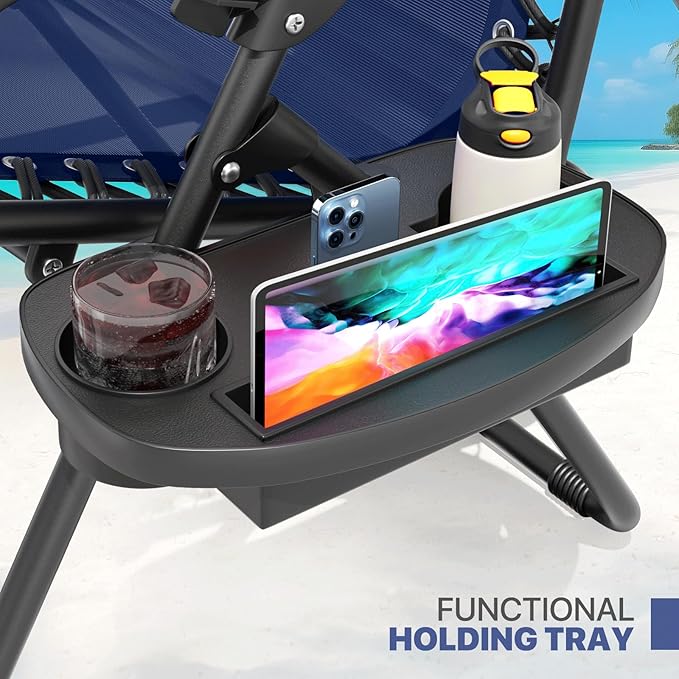 Magshion Zero Gravity Lounge Chairs Set of 2, Outdoor Patio Reclining Chair with Side Tray, Adjustable Anti-Gravity Recliners with Pillow Headrest, Folding Lounger for Lawn Camping Beach, Navy Blue