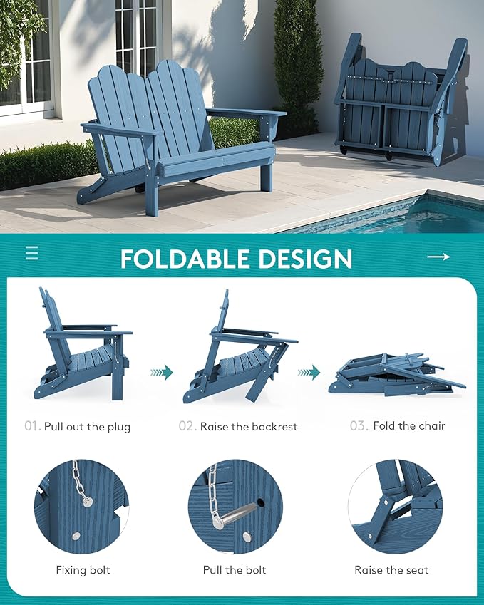 SERWALL 3 Pieces Patio Adirondack Bench Set, 2 Folding Adirondack Bench and 1 Coffee Table Set for Front Porch Garden Balcony Backyard, Navy
