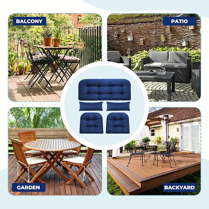 Wicker Chair Cushions of 5 Pieces, Waterproof Outdoor Loveseat Cushion for Wicker Furniture, 1 Love Seat Cushion, 2 U-Shape and 2 Lumbar Pillows for Patio Furniture (Blue)