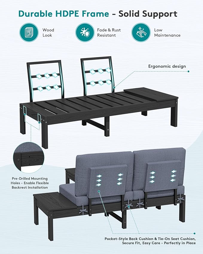 SERWALL HDPE Outdoor Furniture Set, 4 Seats Outdoor Sectional with Coffee Table, All-Weather Patio Sofa Set, Patio Conversation Sets with Adjustable Backrest Sofa for Garden, Backyard, Black with Grey