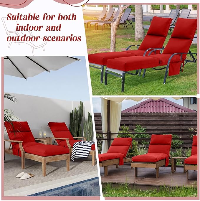 Kigley 2 Pcs Chaise Lounge Cushions, 77.9 x 20.5 x 4.7 Inch Outdoor Lounge Chair Cushions with Pocket, Thick Tufted Patio Recliner Replacement with Ties, Fade Resistant for Pool Furniture (Red)