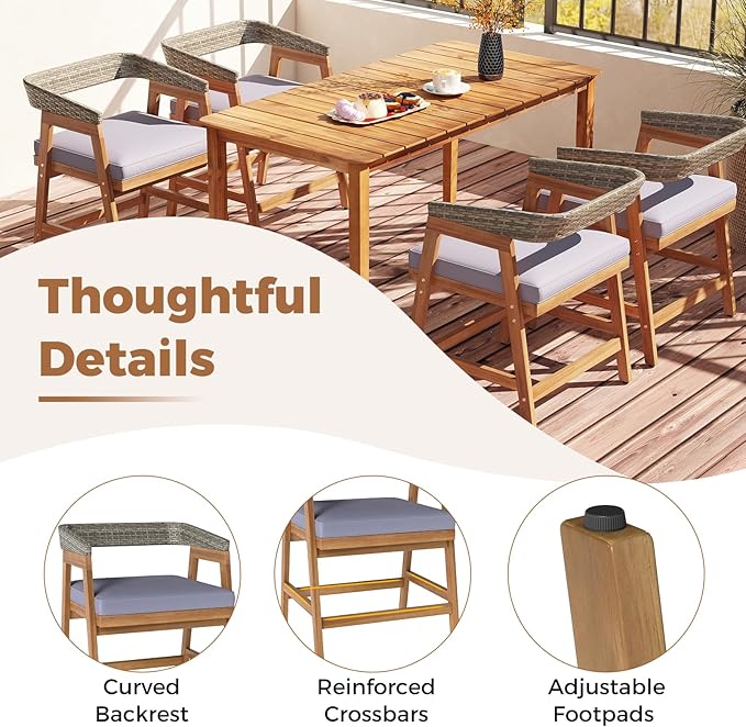 Tangkula 5 Piece Patio Dining Set for 4, Outdoor Solid Wood Rectangle Table Set with Cushioned Armrest Chairs,for Deck, Poolside, Outside and Lawn