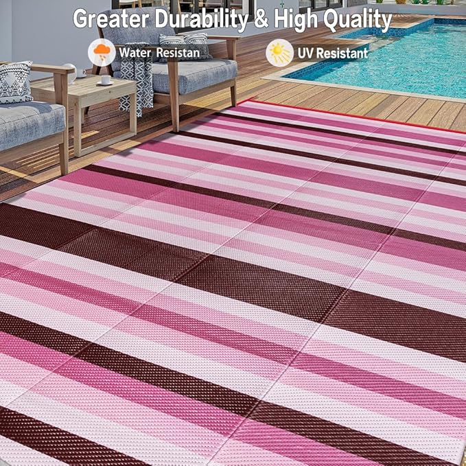 HUGEAR Outdoor Waterproof Rug 6'x9' Plastic Straw Rugs Washable Reversible Floor Mat Pink Stripe Carpet for Camping RV Deck Entryance Porch Picnic Balcony Beach Backyard