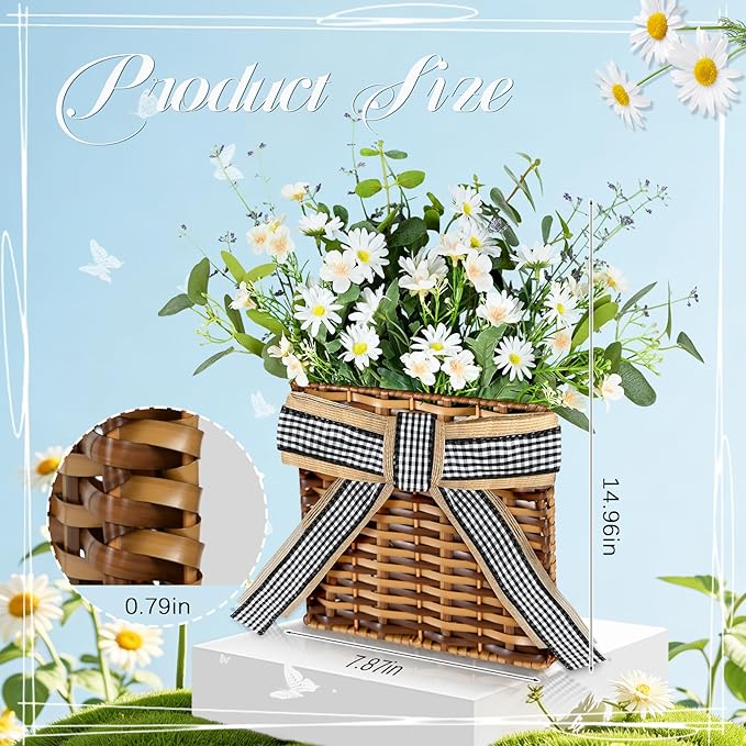 White Daisy Wreath Spring Door Hanger Basket Wreath, Artificial Spring Summer Flowers Wreaths with Green Eucalyptus Leaves and Lavender for Front Door Farmhouse White Wreaths Indoors Outdoor Decor