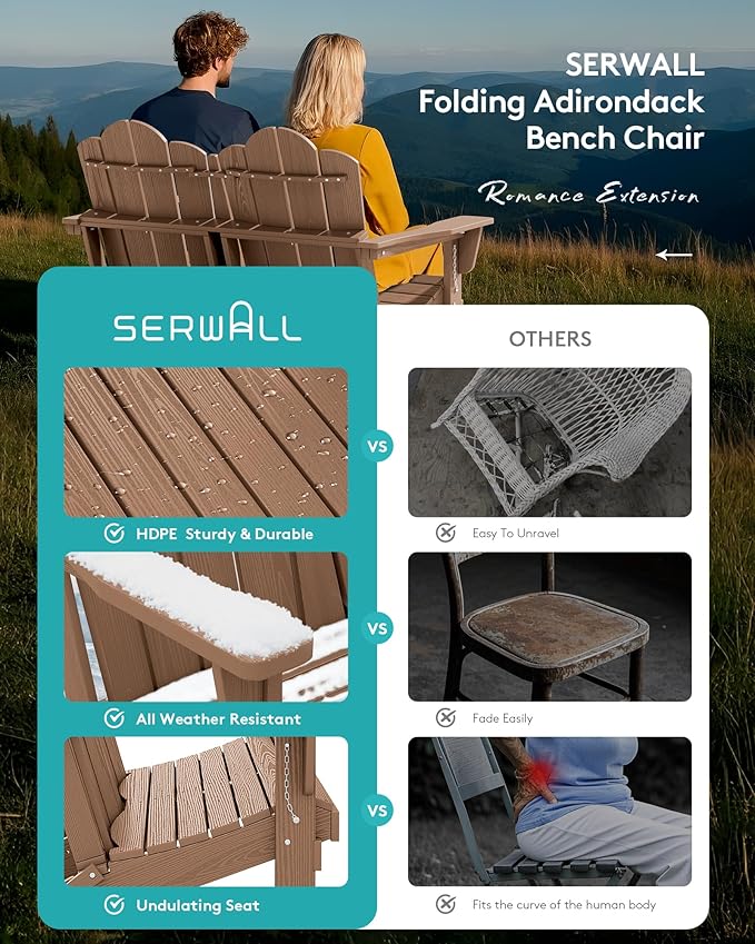 SERWALL Folding Adirondack Bench, HDPE All-Weather Adirondack Loveseat Set of 2, Brown