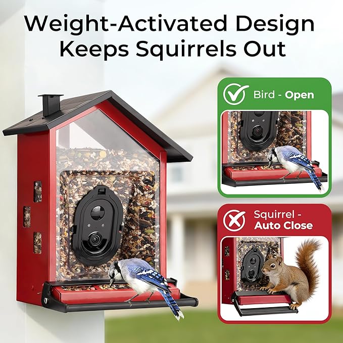 TT Nature Smart Bird Feeder with Camera Solar Powered Squirrels-Proof, AI Identify Bird Species & Instant Arrival Notification Camera, Data Security, Metal Case 3.2L Large Capacity Gift, Red