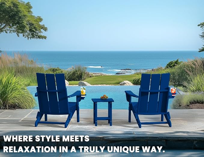 Adirondack Chair with Cup Holder, Folding Outdoor Lawn Chair, HDPE Plastic Fire Pit Chair, Weather Resistant Patio Chairs for Deck, Porch, Backyard, Garden, Navy Blue