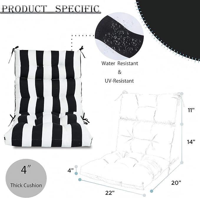 Only choice High Back Adirondack Chair Cushion Set of 2-44”x 22”x 4” Waterproof, Fade-Resistant Outdoor Rocking Chair Cushions for Patio, Garden, Porch (2, Black White Stripes)