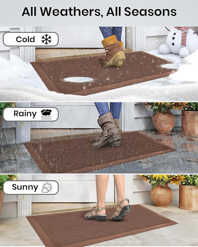 Long Front Door Mat for Outside Entrance 35.5"x17" – Anti-Slip Dirt-Trapping Waterproof Rubber Indoor & Outdoor Mat with Textured Surface for Entryway - Heavy Duty All Weather Doormat – Brown