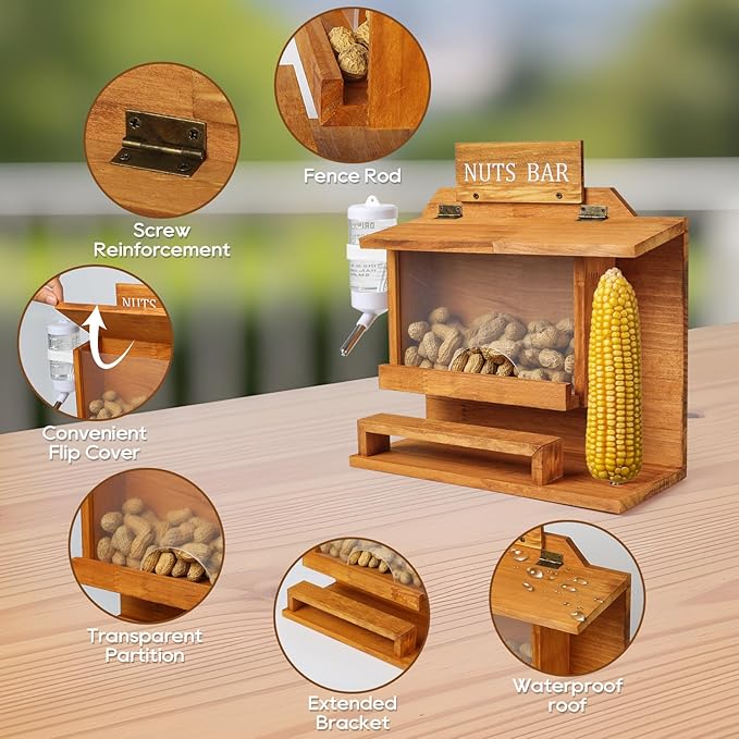 Hanging Squirrel Feeders for Outside, Large Squirrel Picnic Table Feeder with Water Bottle, Funny Nuts Bar Squirrel Feeder, Wooden Chipmunk Feeder Box, No Assembly Required
