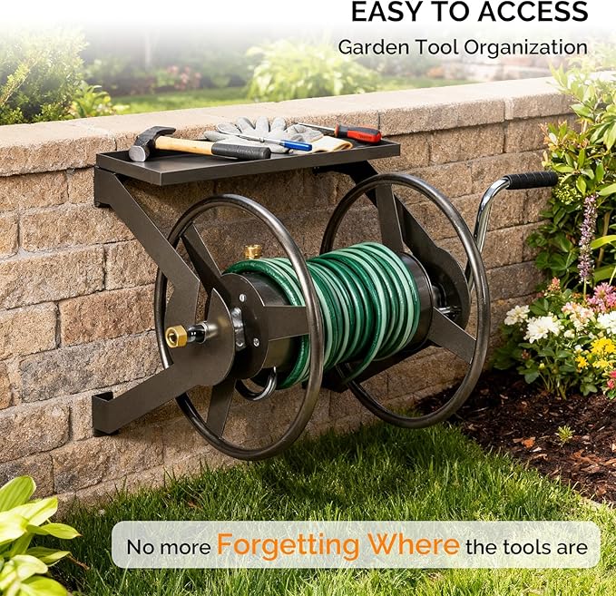 VINGLI Garden Hose Reel, Wall Mount Water Hose Reel for Garden Outside with Heavy Duty Space Saving Rolling Design Metal, 175FT Capacity for 3/4" Hose for Outdoor Use (Bronze)
